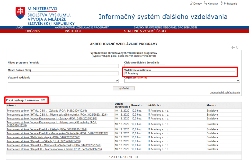 Vyhľadávanie akreditácia kurzy Ministerstvo školstva